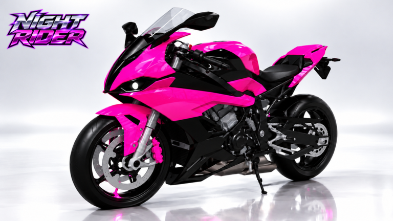 Official Night Rider artwork with a pink sport motorcycle