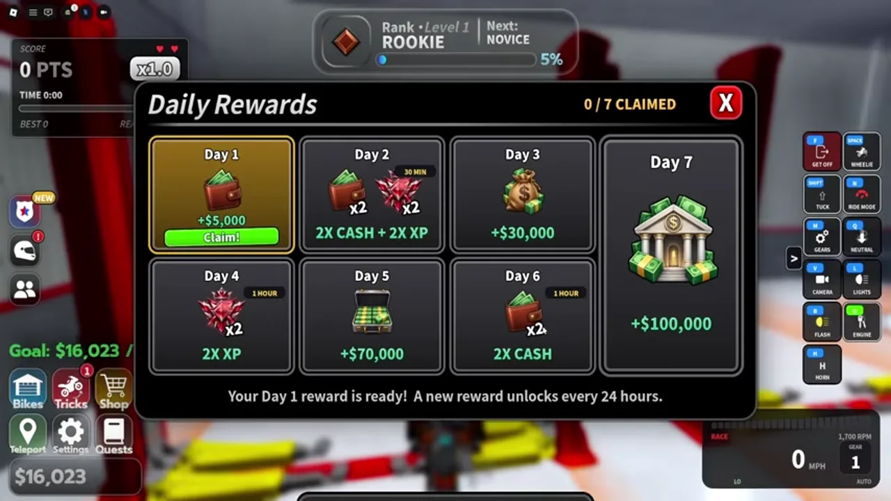 Seven-day Daily Rewards panel with a Claim button