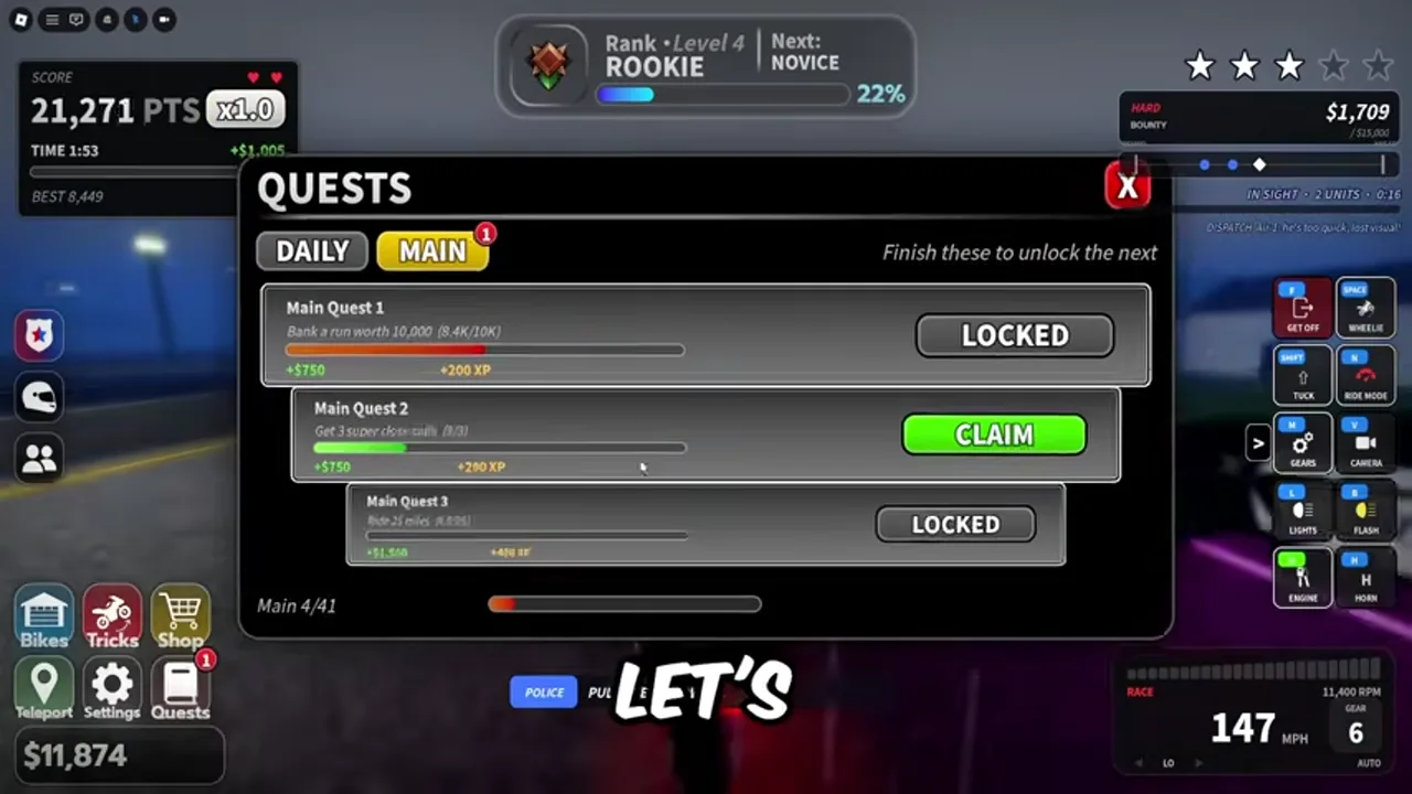 Main quests with locked objectives and a Claim button