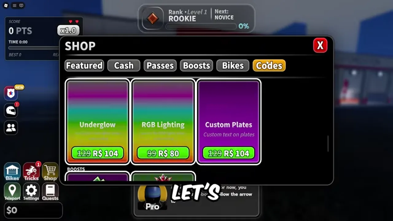 Shop window with the Codes tab visible