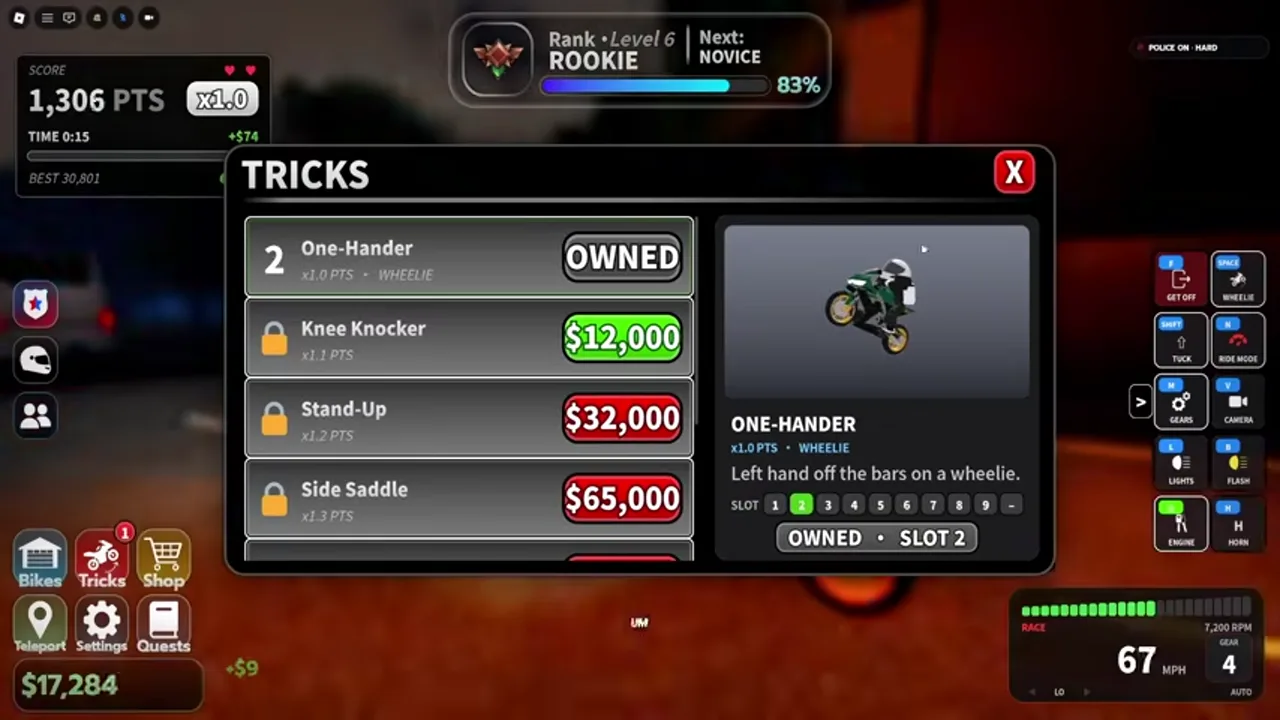 Tricks menu with owned and purchasable stunts